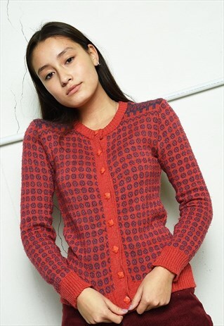 VINTAGE 70S MOD RETRO FAIR ISLE PATTERN KNIT BOHO CARDIGAN