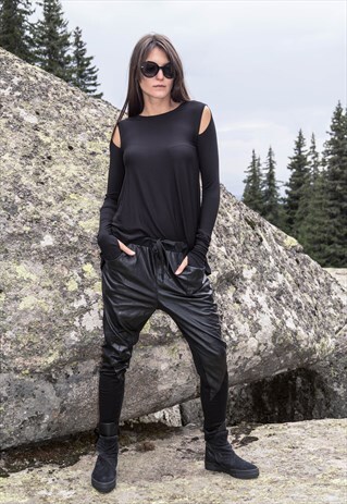 FAUX LEATHER PANTS LOOSE HAREM BLACK TROUSSERS SPORT F1714