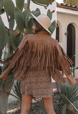 justyouroutfit Camel Faux Leather Fringe Cropped Jacket