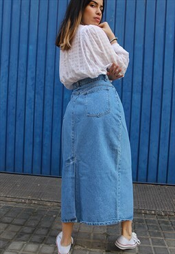 Pale Blue Wash Denim High Rise Ankle Length Midi Skirt 