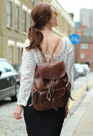 DARK BROWN LEATHER BACKPACK RUCKSACK