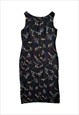 90S VINTAGE DRESS MIDI PENCIL FLORAL PATTERNED BLACK