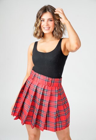OLIVIA RED TARTAN CHECK PLAID MINI SKIRT 18" SMALL UK (6-8)