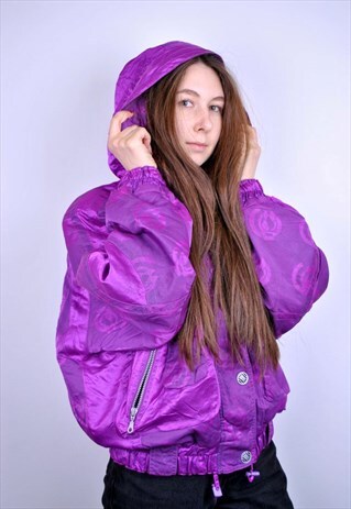 PURPLE ABSTRACT SKI JACKET, HOODED SNOW JACKET