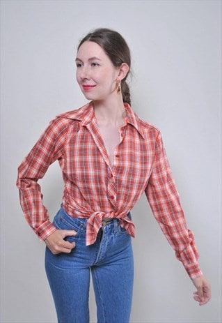 Vintage 90s red plaid shirt, women plaid button up, Size M