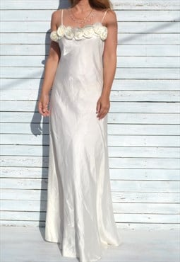Deadstock y2k cream white shiny taffeta maxi bias cut dress