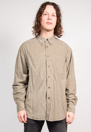 90'S VINTAGE BEIGE CHECK PATTERN CORD SHIRT