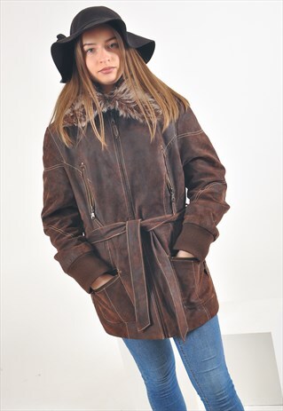 VINTAGE SUEDE LEATHER LINED COAT IN BROWN