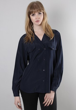 VINTAGE 80S BLUE SATIN DOUBLE BREASTED BLOUSE TOP