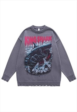 Shark print sweater scary jumper ripped knitted top in grey