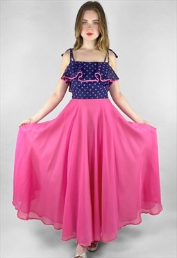 70's Vintage Ladies Pink Purple Polka Dot Ruffle Maxi Dress