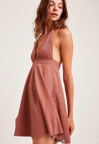 V-NECK DRESS IN LUREX - LIGHT BROWN