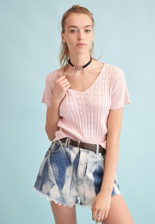 VINTAGE 90'S RETRO RIBBED KNIT PASTEL MOMS TOP