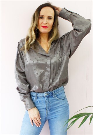VINTAGE 80'S TAUPE SATIN POLKA DOT PLEATED SHIRT BLOUSE