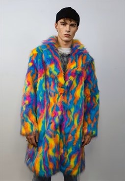 Psychedelic faux fur coat 70s trench long neon raver bomber