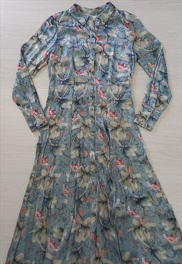 Shirt Dress Blue Floral Print Viscose Maxi Belted 