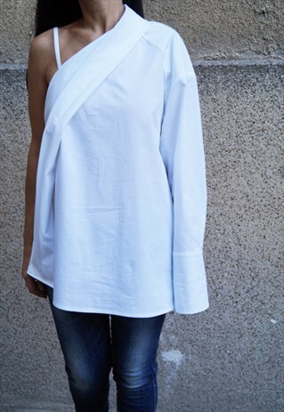 OVERSIZED SHIRT OFF SHOULDER TOP LOOSE WHITE BLOUSE F1640