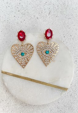 Gold Red Blue Evil Eye Diamante Heart Stud  Earrings