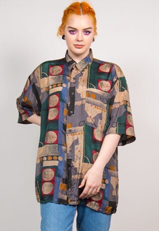 VINTAGE 90'S MULTICOLOUR ABSTRACT PATTERN SILK SHIRT