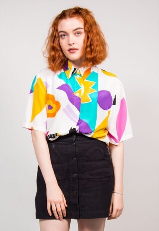 90'S VINTAGE CRAZY PATTERN SHORT SLEEVE SHIRT BLOUSE