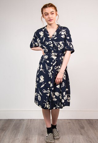 VINTAGE 90'S DARK BLUE FLOWER PATTERN SUMMER MIDI DRESS