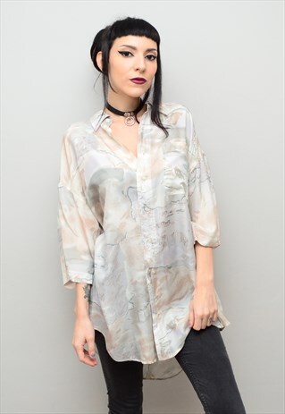 VINTAGE 90'S SILK PALE ABSTRACT PATTERNED BOYFRIEND SHIRT