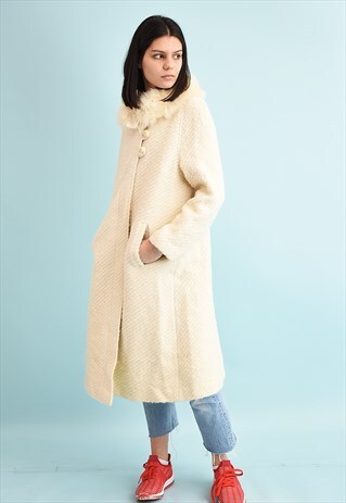 BEAUTIFUL 60'S RETRO MOD CREAMY FAUX FUR DETAILED TWEED COAT