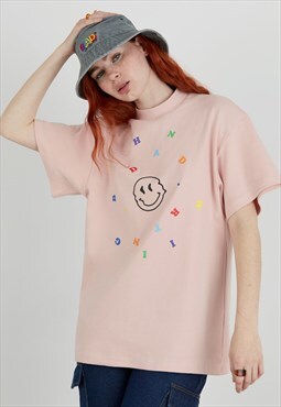 Oversized Crew Neck Tee With Chest Graphic In Pink