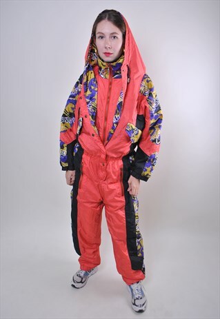 80S ORANGE ONE PIECE PATTERN SKI SUIT, HOODED WOMEN SNOWSUIT