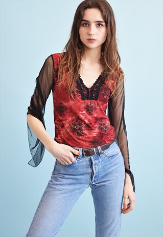 90'S RETRO ORIENTAL PRINT KITSCH PARTY TEEN TOP BLOUSE