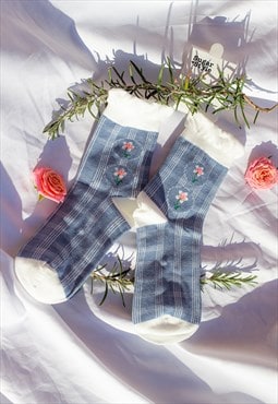 Blue Plaid Floral Socks