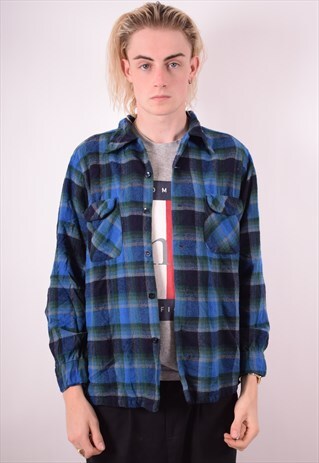 PENDLETON MENS VINTAGE FLANNEL SHIRT LARGE BLUE CHECK 90S