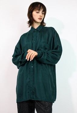 Vintage 90's Oversize Silky Shirt in Green Large 