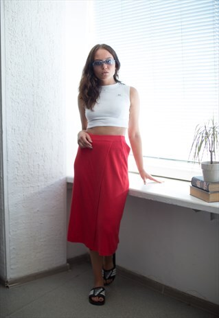 VINTAGE 80'S KNITTED RED FRONT SLIT MIDI SKIRT
