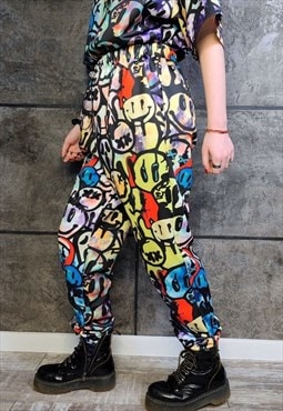 Emoji joggers handmade Smile print pants rave trousers