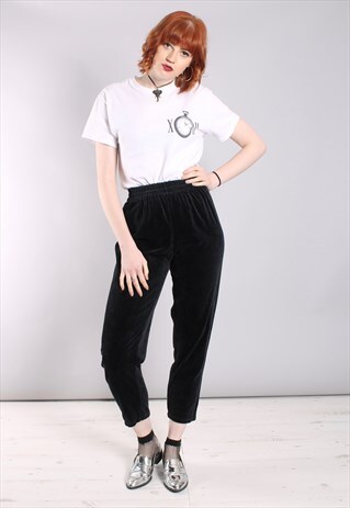 VINTAGE 80S BLACK VELVET HIGH WAISTED CROPPED TROUSERS