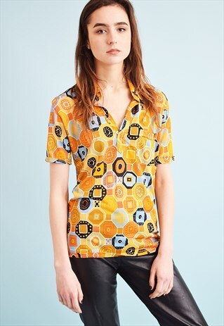 CUTE 70'S RETRO MOD PATTERN TOP BLOUSE