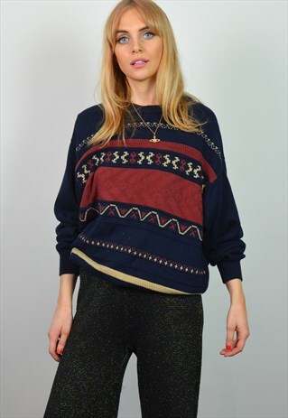 VINTAGE 90S NAVY BLUE & RED PATTERN KNITTED JUMPER
