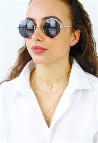 SILVER BLACK LENS ROUND SUNGLASSES