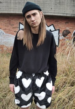 Heart fleece shorts handmade love emoji overalls in black