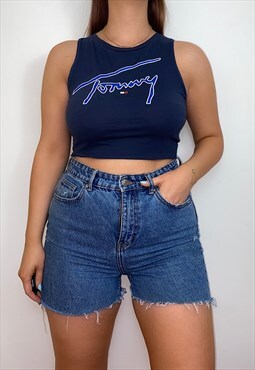 Reworked Tommy Hilfiger Navy Spell Out Crop Top