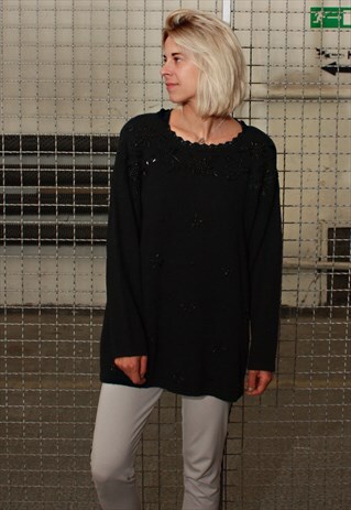 VINTAGE 80' UNIQUE ELEGANT BLACK JUMPER WITH DIAMONDS