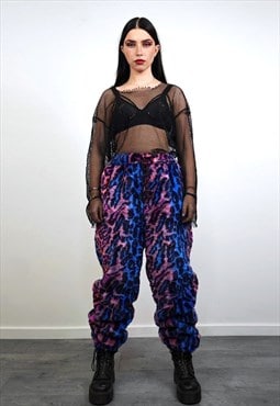 Leopard fur joggers blue neon trousers animal print pants