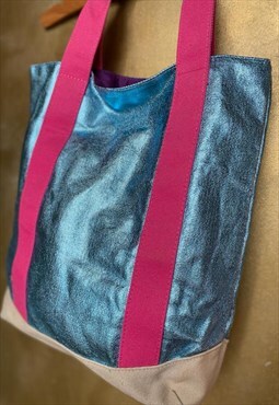Metallic Turquoise & Fuchsia Pink Straps Tote Bag. Med