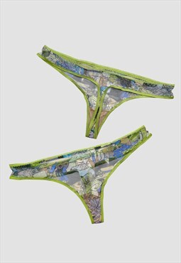 Vintage Y2k Thong Mesh Patterned Graphic Print Knickers 90s