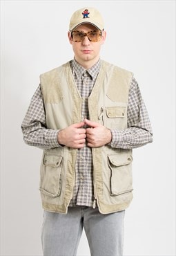Vintage utility vest in beige insulated cargo hunting