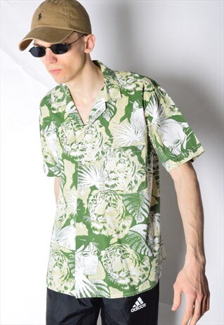 VINTAGE 80S GREEN TROPICAL TIGER SHORT SLEEVE SHIRT