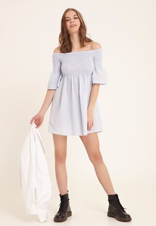 SUBDUED SHIRRED OFF-SHOULDER DRESS