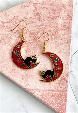 80s Cat & Moon Earrings Halloween Statement Vintage Jeweller