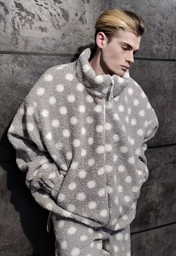 Polka dot fleece bomber handmade fluffy 70s spot jacket grey